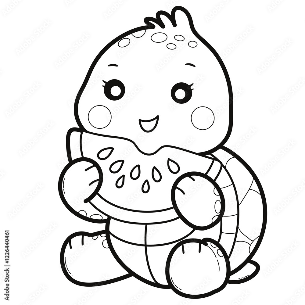 Obraz premium Cute Baby Turtle Eating Watermelon Line Art