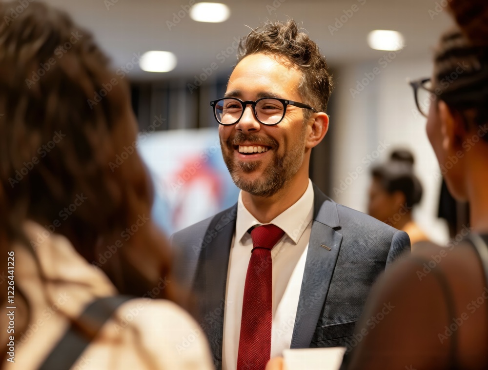 Naklejka premium Smiling businessman engaging in conversation at a networking event