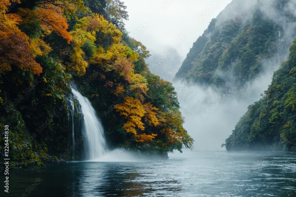 Fototapeta premium Discover the Serene Beauty of a Majestic Waterfall Nestled in the Heart of a Tranquil River