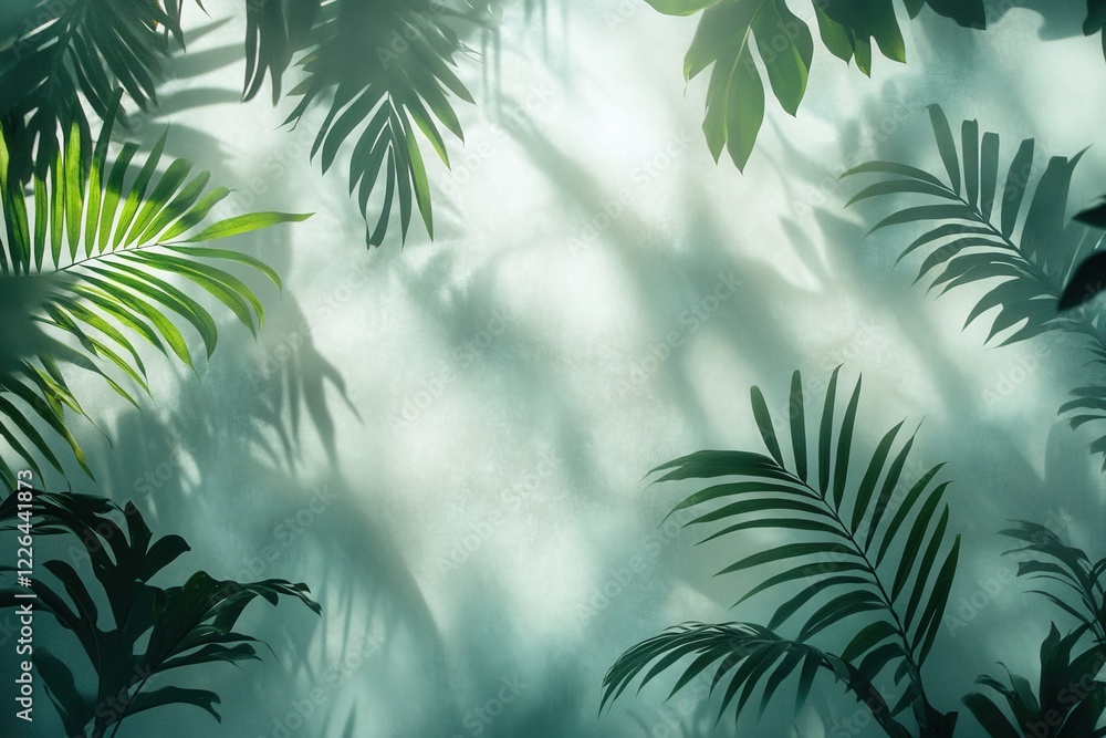 Tropical leaves and shadows on a textured wall creating a serene and calming atmosphere Tropical leaves and shadows on a textured wall creating a serene and calming atmosphere