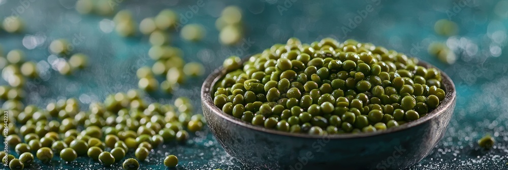 Close up of mung beans in a bowl on a teal background.