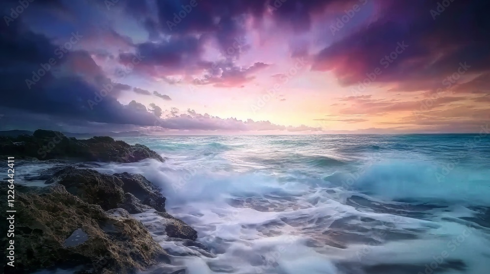 A Serene Rocky Beach with Majestic Waves Crashing on the Rocks - A Perfect View of Nature's Beauty A Serene Rocky Beach with Majestic Waves Crashing on the Rocks - A Perfect View of Nature's Beauty