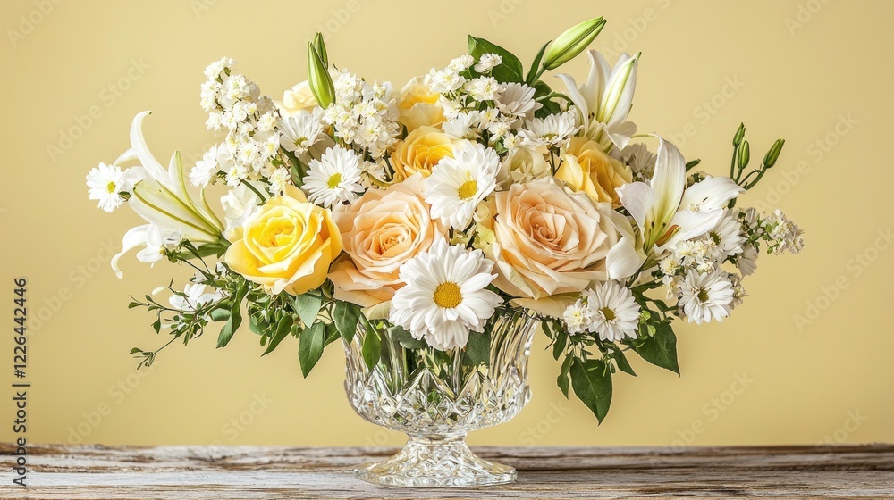 Obraz premium A beautiful floral arrangement with lilies, roses and daisies in a crystal vase, on a wooden table with a pale yellow background.