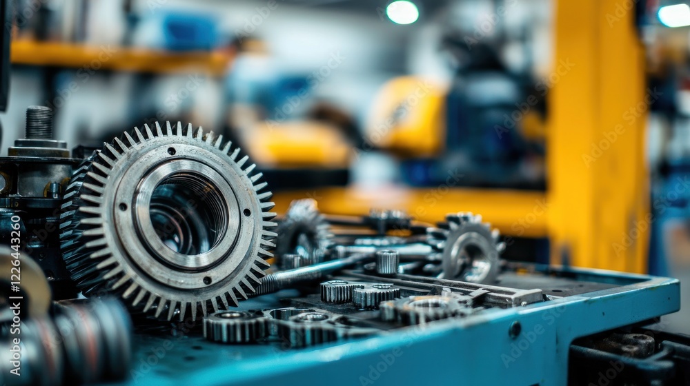 Fototapeta premium Close up of metal gears and machine parts in a workshop setting.