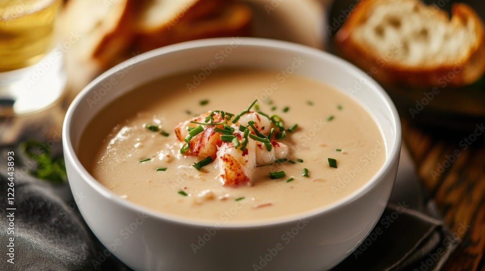 A creamy lobster bisque with a touch of brandy and a garnish of fresh chives, served in a white bowl, Bisque centered A creamy lobster bisque with a touch of brandy and a garnish of fresh chives, served in a white bowl, Bisque centered