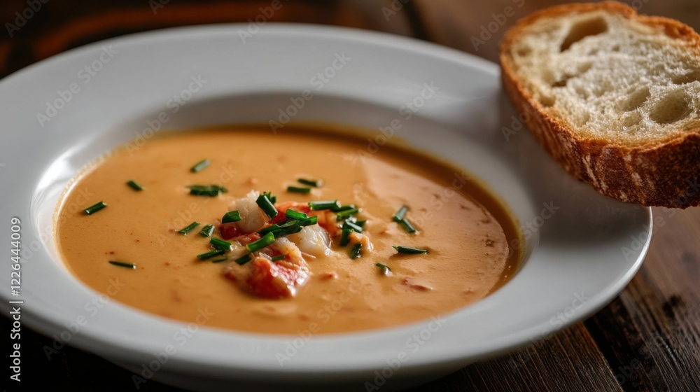 A creamy lobster bisque with a touch of brandy and a garnish of fresh chives, served in a white bowl, Bisque centered A creamy lobster bisque with a touch of brandy and a garnish of fresh chives, served in a white bowl, Bisque centered