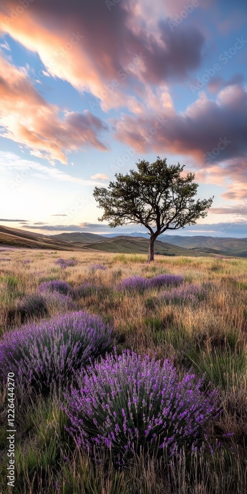 A Breathtaking Sunset View with a Lone Tree in a Field of Lavender Blooms A Breathtaking Sunset View with a Lone Tree in a Field of Lavender Blooms