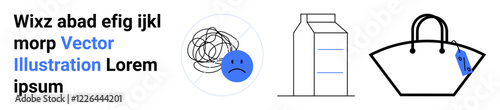 Sad face entangled in scribbles, milk carton, and handbag with tag evoke emotion, consumerism, and daily essentials. Ideal for mental health, lifestyle, shopping, dairy sadness branding flat