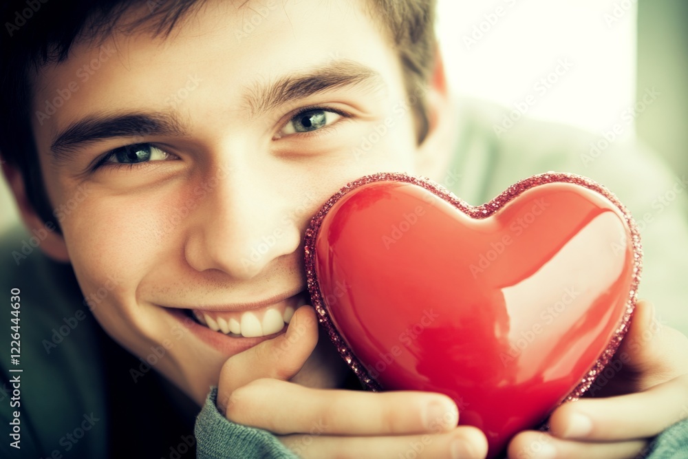 Sign of love and affection. Youth valentine's day greeting card: young man with happy face holds red heart in hands. Commercial promotion visual idea. Romantic red roses. Love and passion. Sign of love and affection. Youth valentine's day greeting card: young man with happy face holds red heart in hands. Commercial promotion visual idea. Romantic red roses. Love and passion.