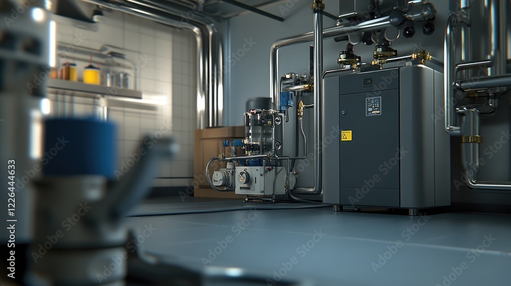 A gas boiler system with a close-up on the circulation pump and flow sensor. A gas boiler system with a close-up on the circulation pump and flow sensor.