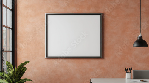 Industrial Steel Frame Photo Frame on Pale Terracotta Wall - Office Decoration