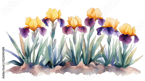 Watercolor illustration of Iris pseudata ‘Yarai’ (Japanese iris) with peachy-yellow petals and deep purple-burgundy centers photo