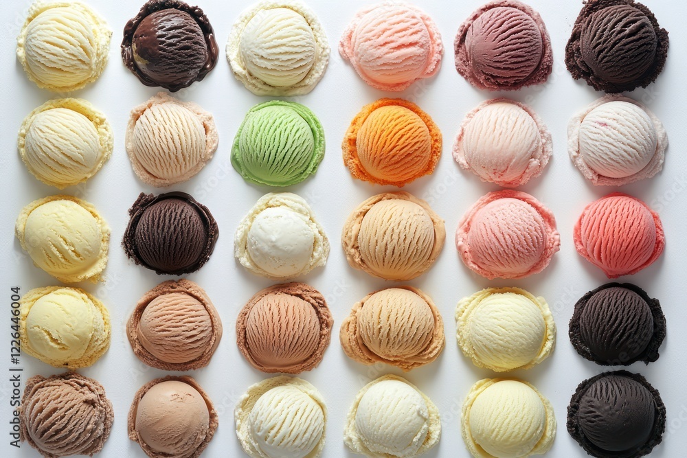 Colorful ice cream scoops arranged on white background; food photography for menu or blog Colorful ice cream scoops arranged on white background; food photography for menu or blog