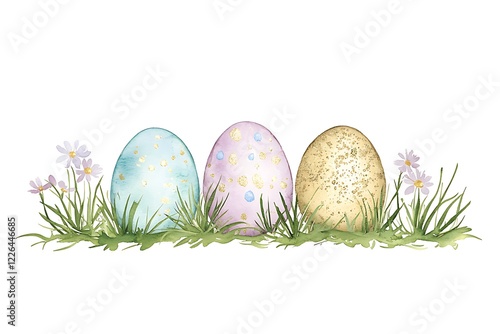 Easter day celebration watercolor style eggs in a meadow spring vibes bright colors photo