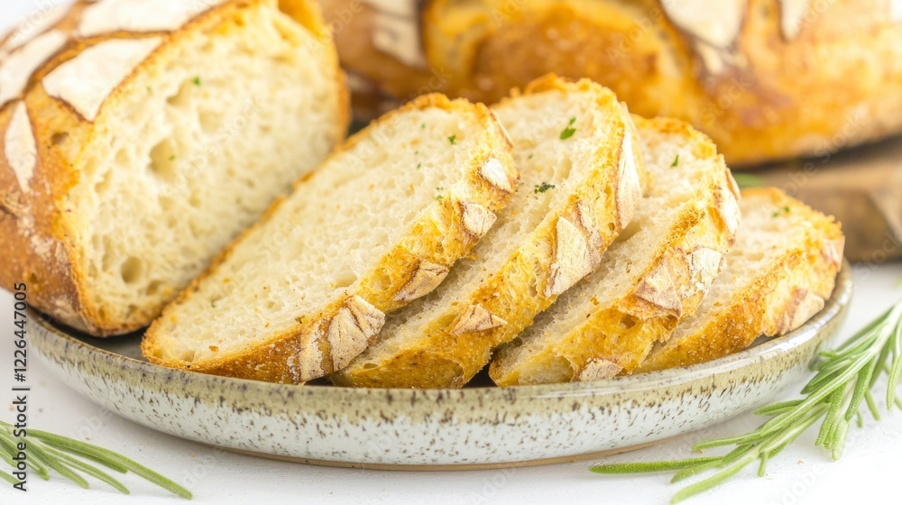 Gourmet Artisan Sourdough Bread Slices on Plate Gourmet Artisan Sourdough Bread Slices on Plate