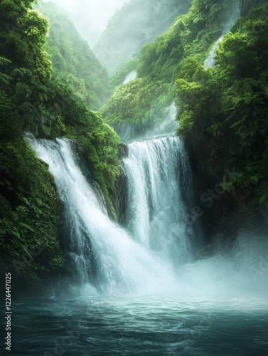 Breathtaking Waterfall Surrounded by Lush Green Forest: A Captivating View of Nature's Serenity