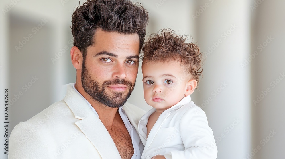 Father and son portrait, indoor, neutral background, family bonding Father and son portrait, indoor, neutral background, family bonding