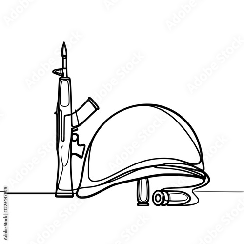 Linear contour vector of a military helmet and an assault rifle or machine gun, made in a minimalist style, ideal for military and tactical themes.