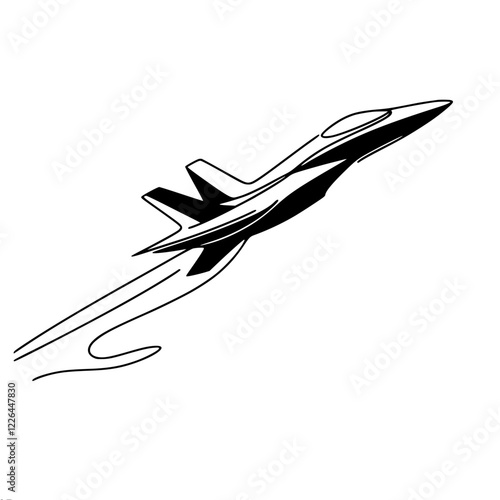 linear vector drawing of a jet airplane in flight, done in black and white style, with an engine wake effect