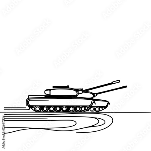 Linear vector drawing of a tank with two guns, made in a minimalist style on a white background.