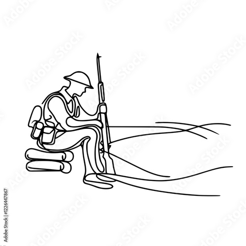 Linear vector contour simple drawing of a sitting pensive soldier in a helmet with a rifle, in a minimalist style.