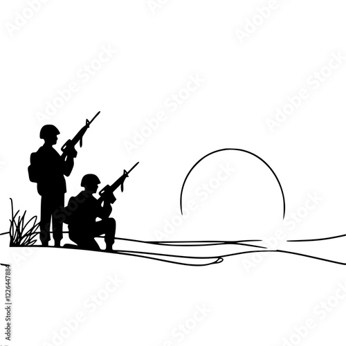 Linear vector contour drawing of two black soldiers sitting with rifles against the background of a large sun, in a minimalist style.