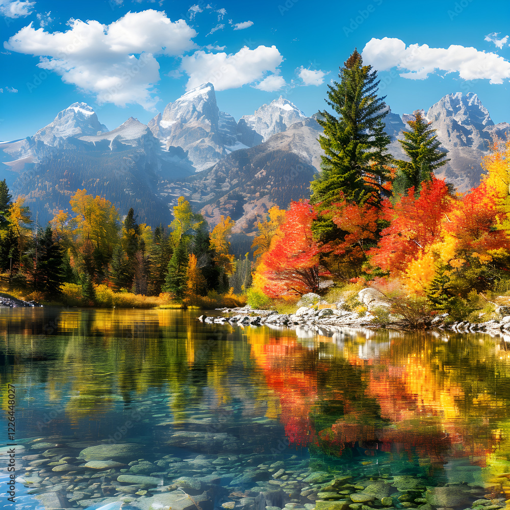 Naklejka premium Autumn Mountain Serenity: Reflective Lake and Colorful Foliage in a Tranquil Landscape