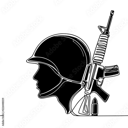 Linear vector contour drawing of a black head of a soldier in a helmet, with a silhouette of a rifle, in a minimalist style.