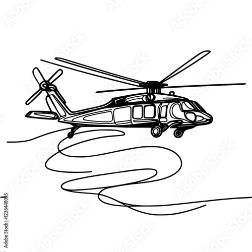 Black and white vector outline illustration of a helicopter flying above the smoke during the war, done in a minimalist style