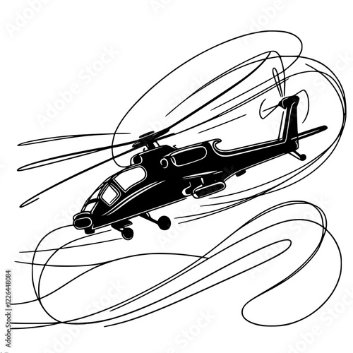 Black and white vector illustration of a helicopter in smoke and clouds, done in a minimalist style