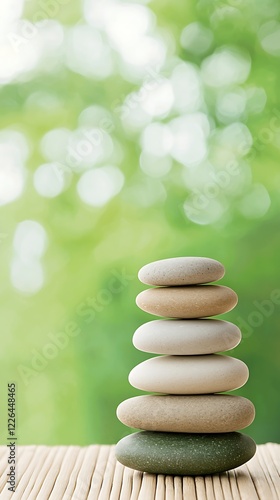 Equilibrium habits natural, Tranquil Stacked Stones on Natural Background with Soft Green Bokeh Effect photo