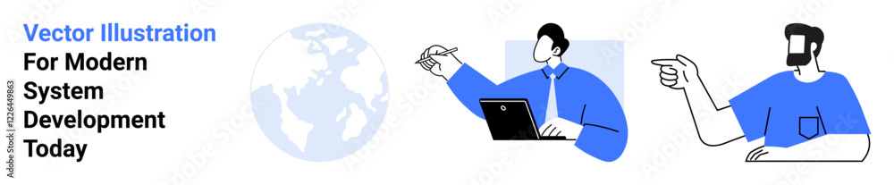 Two professionals working together, one pointing, the other using a laptop with a globe in the background. Ideal for teamwork, leadership, communication, technology, global connections Two professionals working together, one pointing, the other using a laptop with a globe in the background. Ideal for teamwork, leadership, communication, technology, global connections