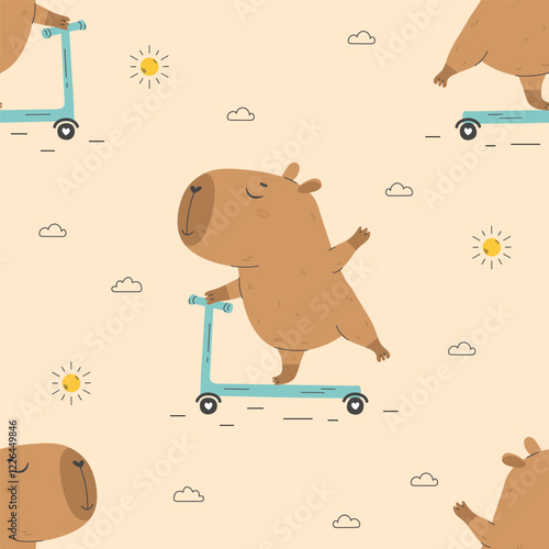 Pattern with cute capybara riding kick scooter