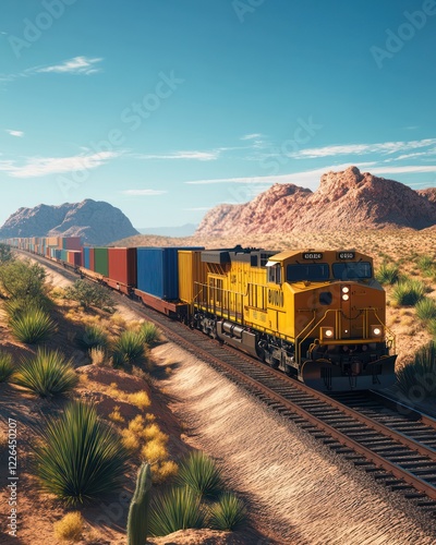 Desert freight train cargo transport, sunny landscape