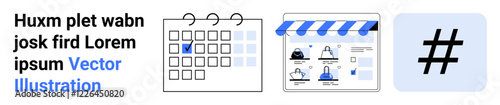 Calendar with marked dates, online storefront with products, large metadata tag symbol. Ideal for marketing, social media strategy, ecommerce planning, digital promotions, event scheduling