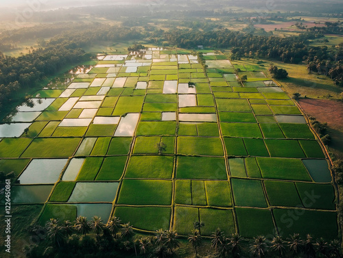 Morning ariel view of green rice wields with palm trees, India, Bali, Asia, Rice fields 