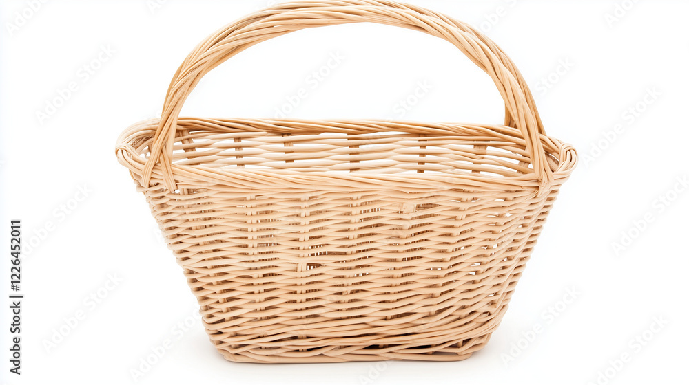 Obraz premium Wicker Basket: A charming light beige wicker basket with a sturdy handle, perfect for rustic settings or gift presentations. The elegant weave showcases natural craftsmanship. 