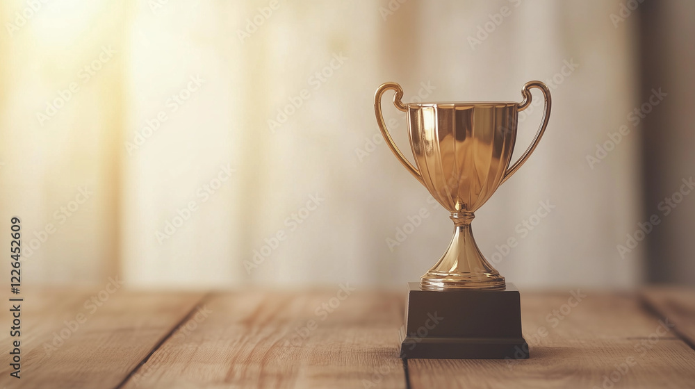 Golden Trophy on Wooden Table: A gleaming golden trophy sits prominently on a rustic wooden table, bathed in warm sunlight streaming through a window. Golden Trophy on Wooden Table: A gleaming golden trophy sits prominently on a rustic wooden table, bathed in warm sunlight streaming through a window.