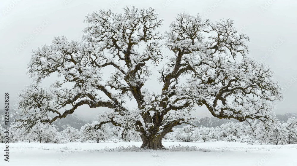 Fototapeta premium Majestic Snow Covered Oak Tree Winter Landscape