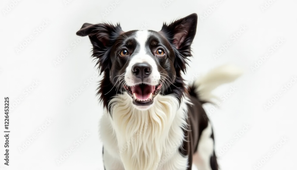 Happy Border Collie with bright eyes and wagging tail set on clean white background highlighting intelligence and joy Happy Border Collie with bright eyes and wagging tail set on clean white background highlighting intelligence and joy