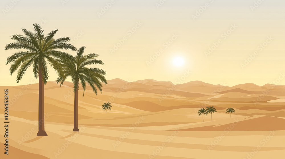 Desert landscape with palm trees under bright sun Desert landscape with palm trees under bright sun