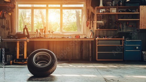 A summer tire partially rolled on the floor with a nearby workbench and tools.