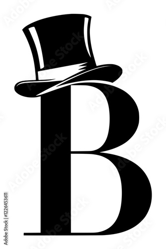 Letter B with Top Hat Silhouette, Black silhouette of the letter B wearing a stylish top hat, symbolizing elegance, sophistication, and classic design on a white background.  
  
