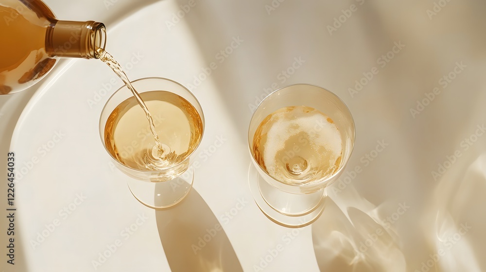 Two glasses of white wine poured elegantly, capturing simplicity and refined taste Two glasses of white wine poured elegantly, capturing simplicity and refined taste