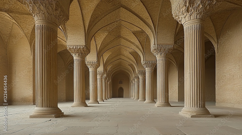 Palace colonnade interior; sunlight, arched ceiling, historical architecture Palace colonnade interior; sunlight, arched ceiling, historical architecture