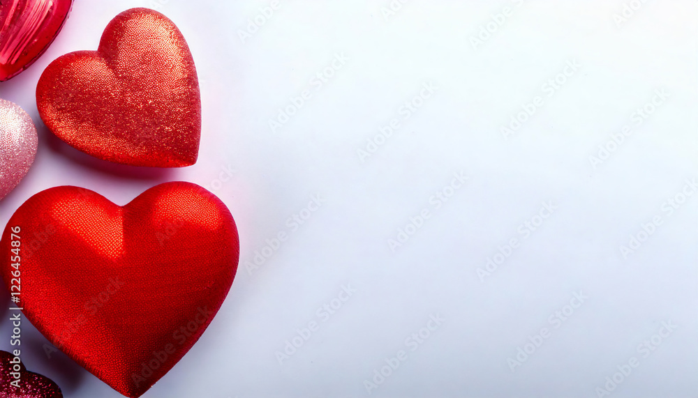 Fototapeta premium Decorative Shiny and Glittery Red Hearts Arranged on a White Background
