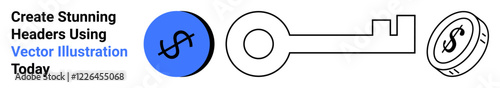 Black dollar sign on blue circle, key, and coin highlight wealth, financial growth, savings, investments, security, access success. Ideal for finance blogs apps infographics flat landing page