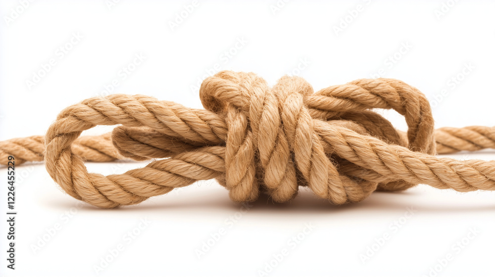 Knotted Rope: Close-up of a thick, tightly knotted beige rope, showcasing texture and detail. The knot is complex, suggesting strength and resilience. Knotted Rope: Close-up of a thick, tightly knotted beige rope, showcasing texture and detail. The knot is complex, suggesting strength and resilience.