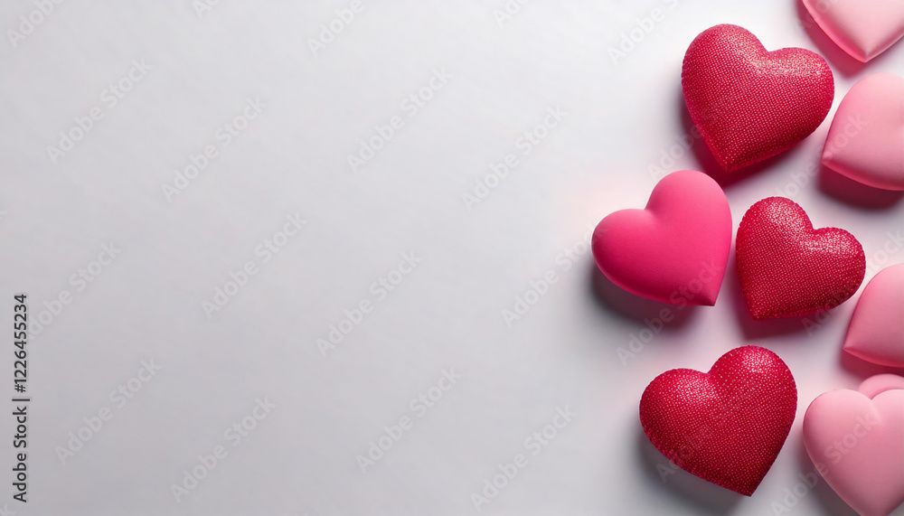 Obraz premium Decorative Shiny and Glittery Red Hearts Arranged on a White Background