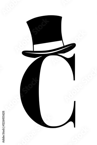 Letter C with Top Hat Silhouette, Black silhouette of the letter C wearing a stylish top hat, symbolizing elegance, sophistication, and classic design on a light gray background.  
  
